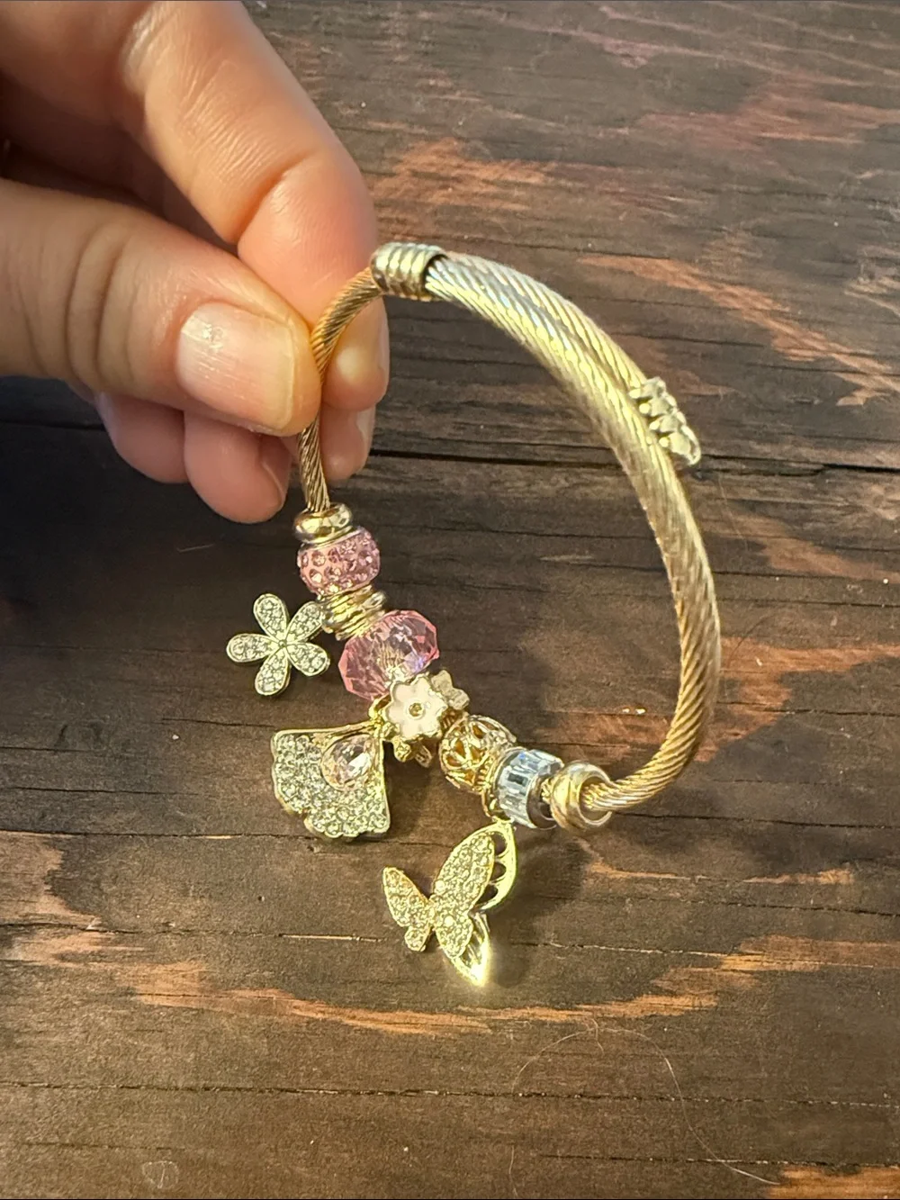 Gold Plated Charm Bracelet With Pink Gems & Charms Flower butterfly